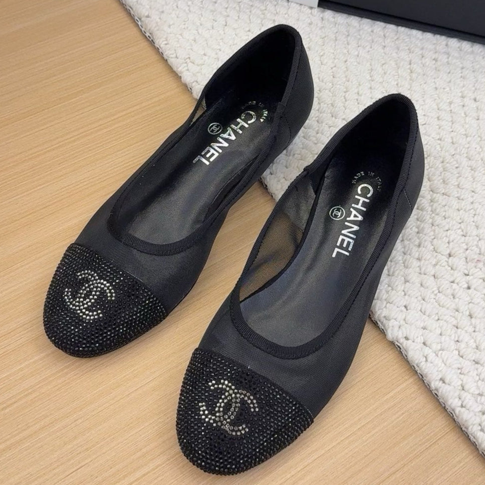 CHANEL BALLET FLAT IN BLACK FABRIC AND MESH WITH CRYSTALS
