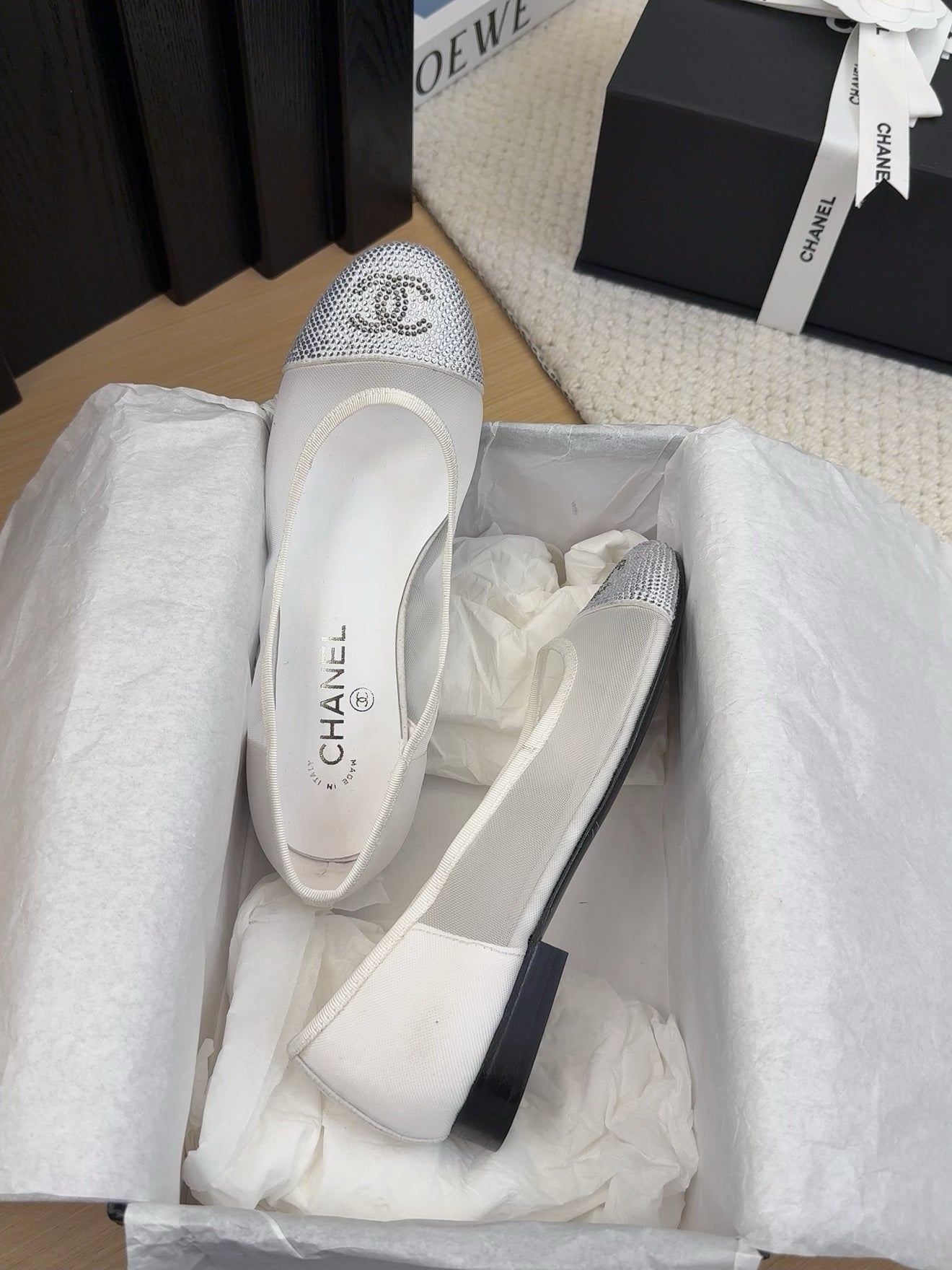 CHANEL BALLET FLAT IN WHITE FABRIC AND MESH WITH CRYSTALS