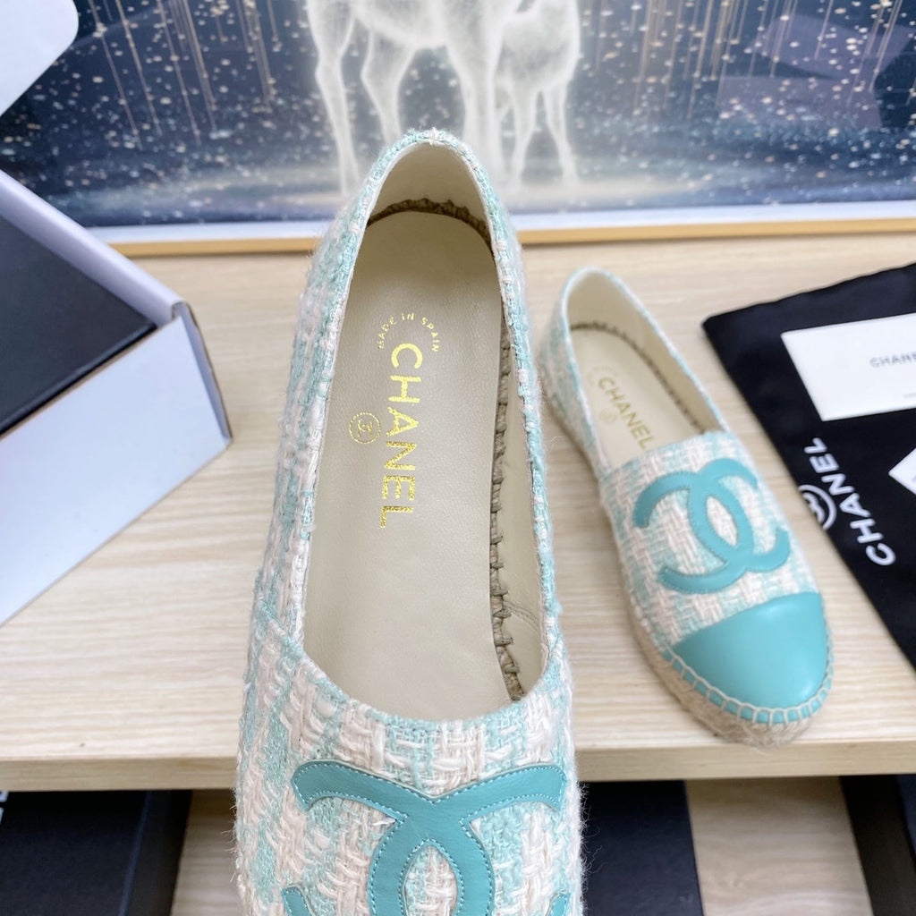 CHANEL ESPADRILLES PLATFORM IN PASTEL BLUE TWEED