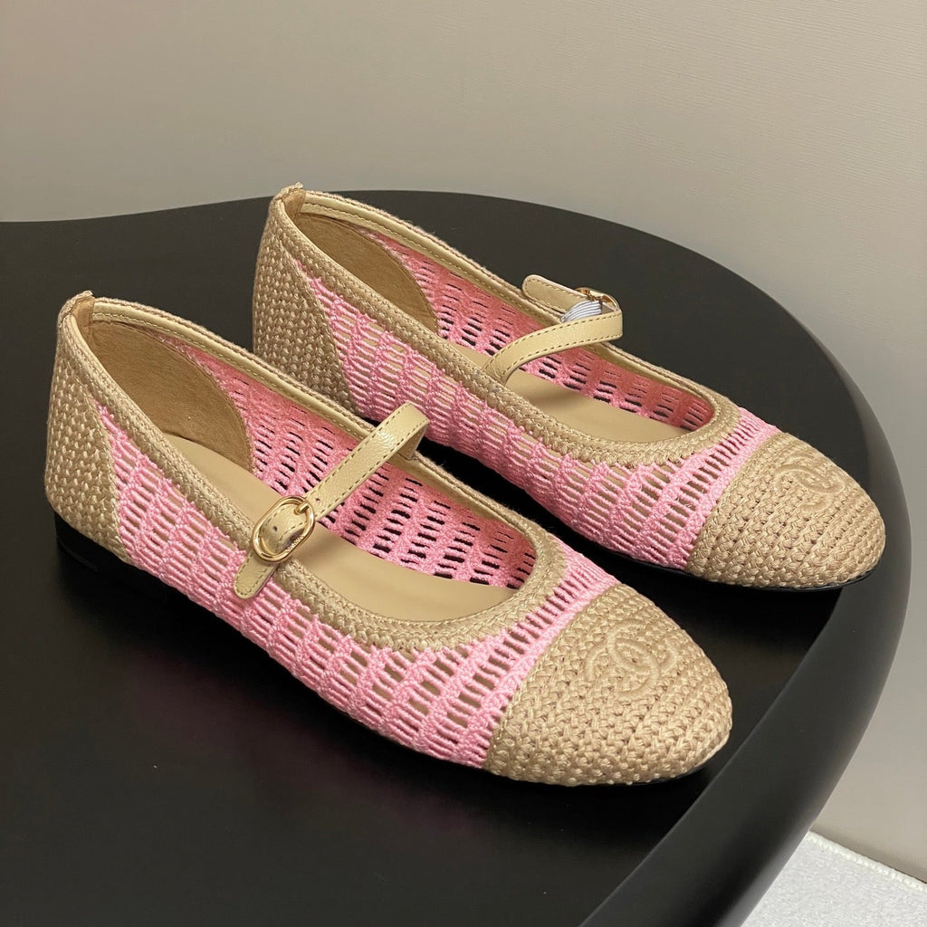 CHANEL BALLET MARY JANE 10MM IN NATURAL BEIGE AND PINK RAFFIA
