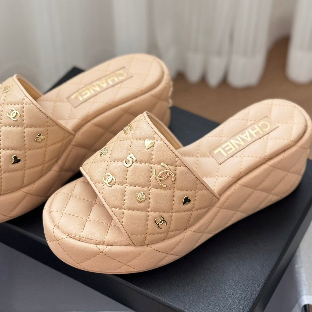 CHANEL Thick Sole Slope Heel Weddge Lambskin Beige Cream