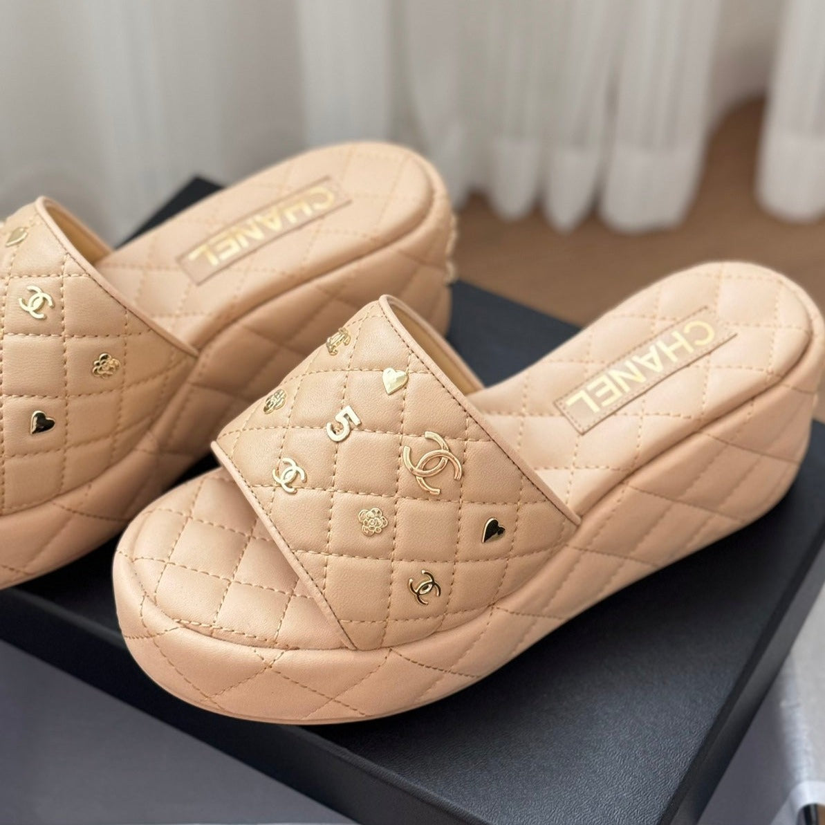 CHANEL Thick Sole Slope Heel Weddge Lambskin Beige Cream