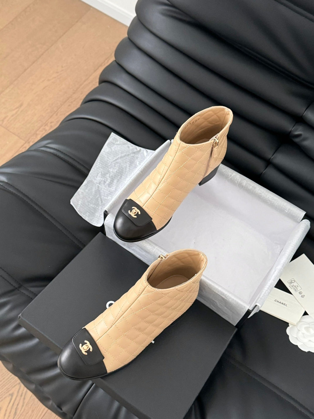 CHANEL SHORT BOOTS 65 MM IN SEPIA BEIGE MIX BLACK QUILTED PATTERN LAMBSKIN
