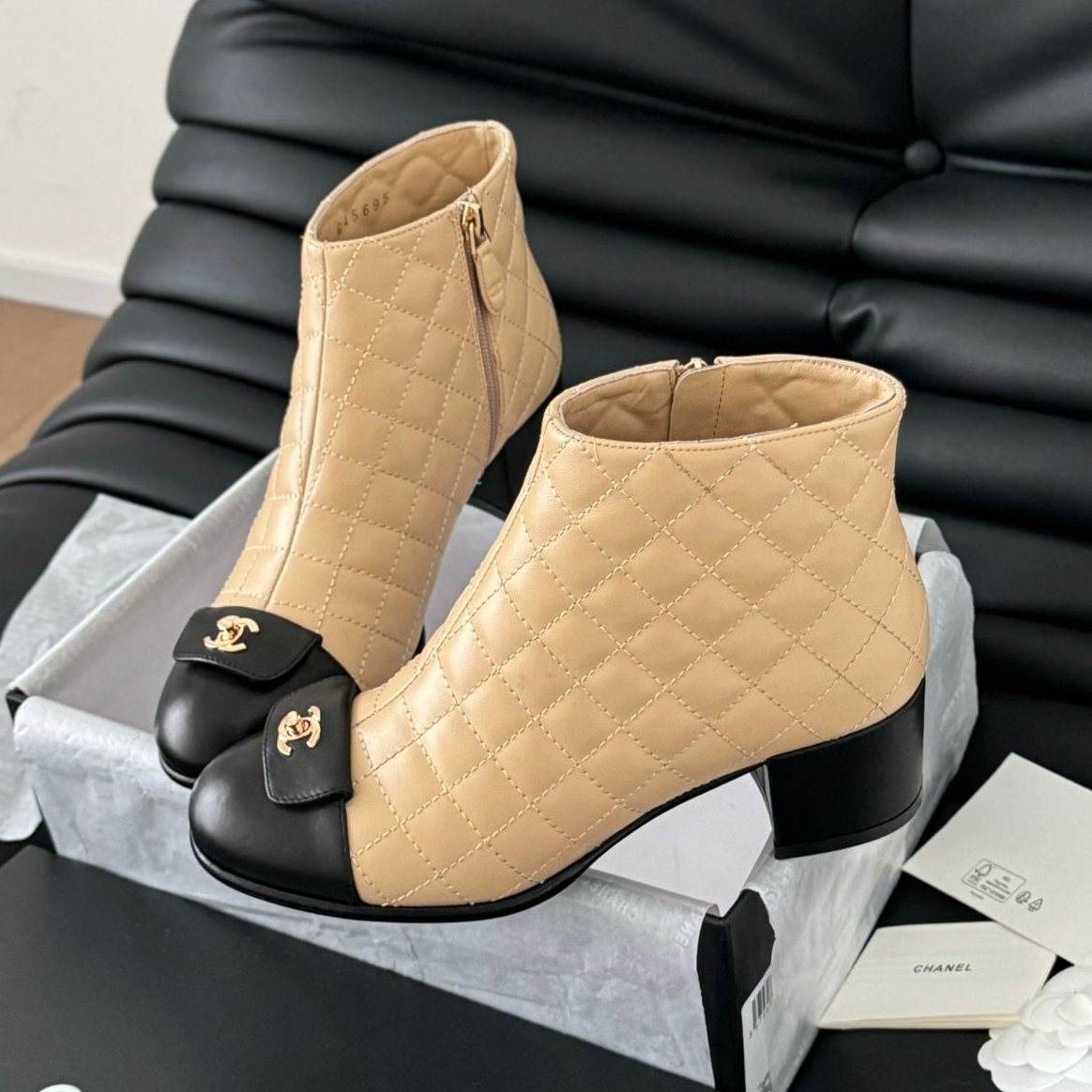 CHANEL SHORT BOOTS 65 MM IN SEPIA BEIGE MIX BLACK QUILTED PATTERN LAMBSKIN