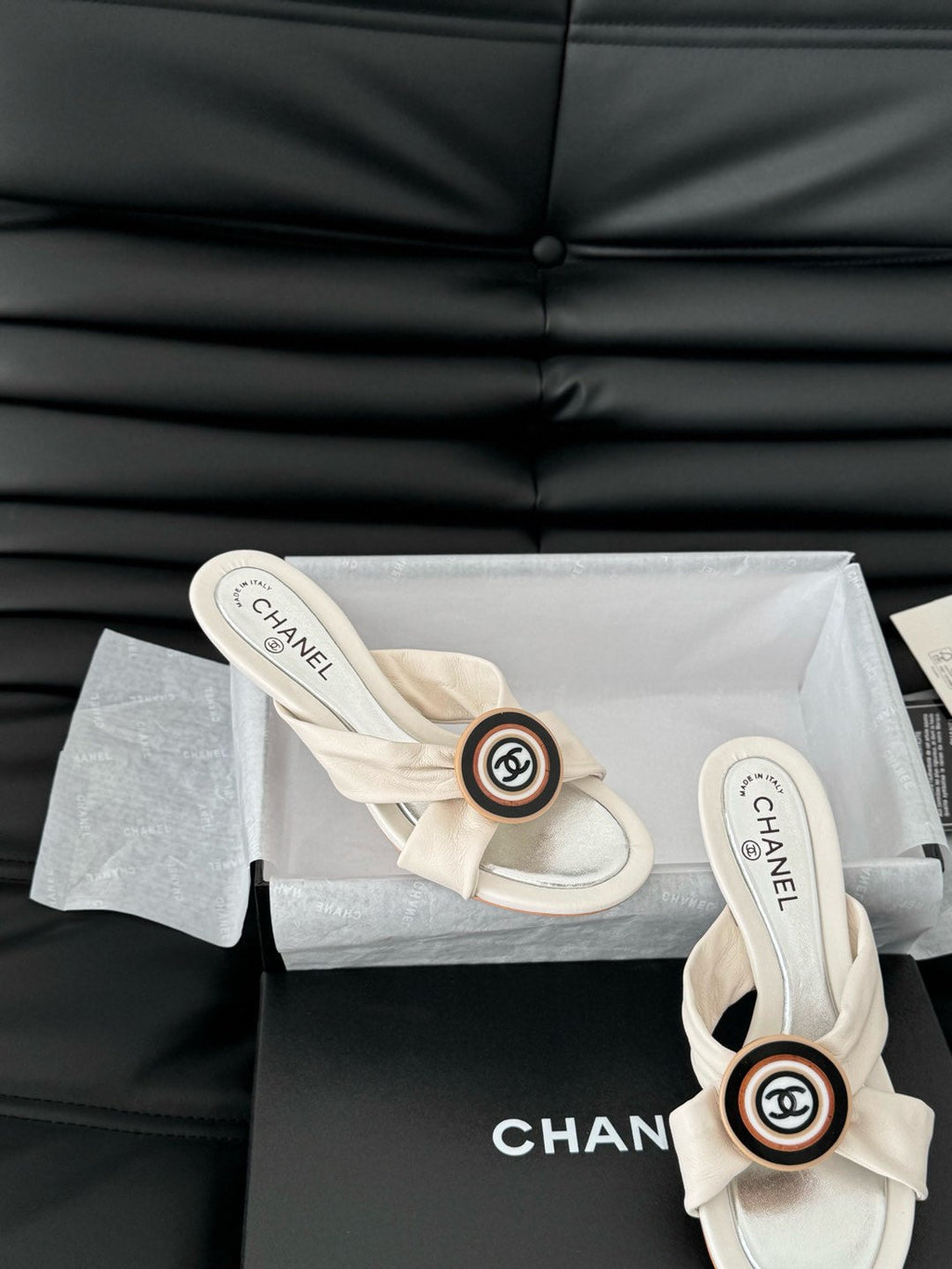 CHANEL WHITE FABRIC  SLIDE SANDALS