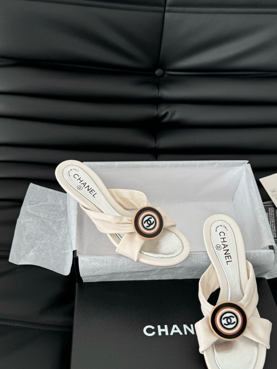 CHANEL WHITE FABRIC  SLIDE SANDALS