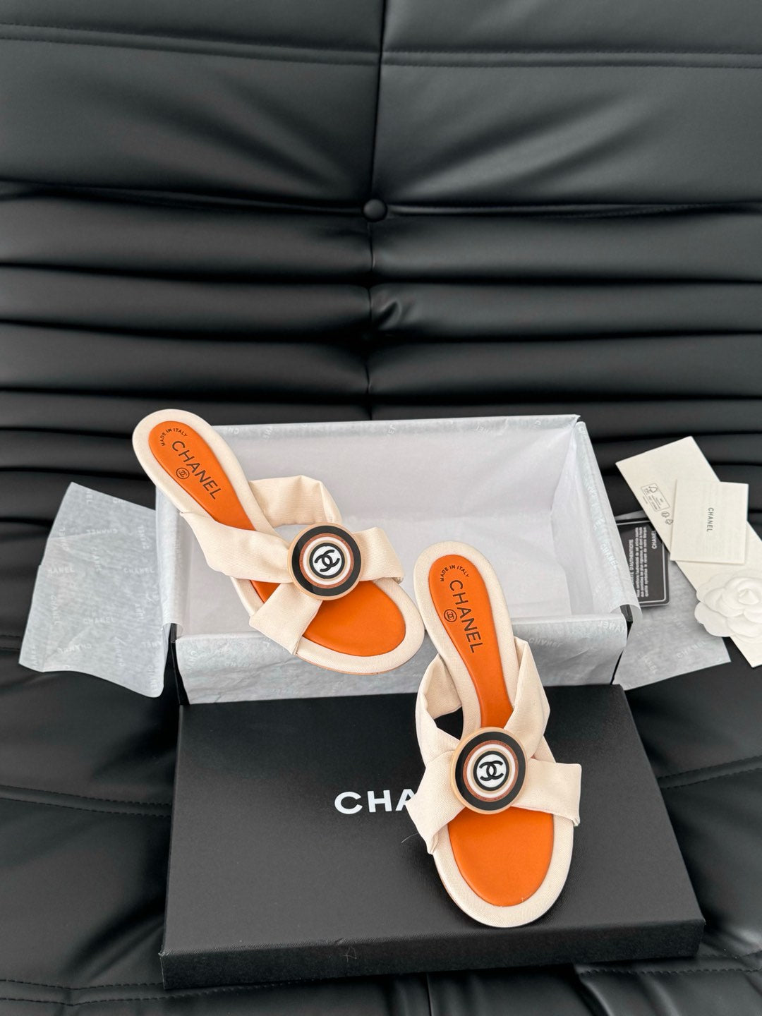 CHANEL VIVID ORANGE FABRIC  SLIDE SANDALS