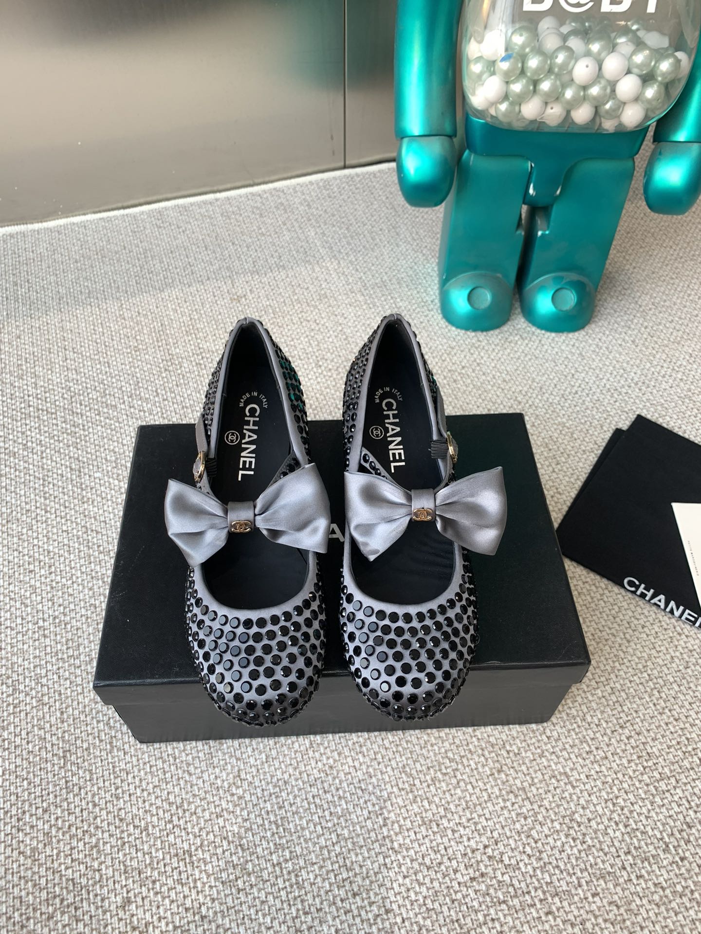 CHANEL MARY JANES SHOES IN STEEL GRAY SATIN WITH BLACK RHINESTONES
