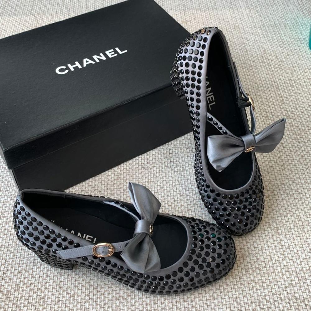 CHANEL MARY JANES SHOES IN STEEL GRAY SATIN WITH BLACK RHINESTONES