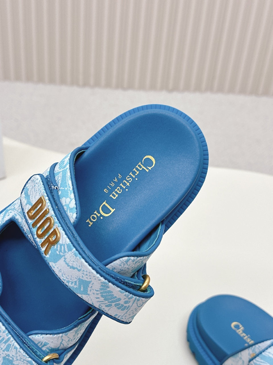DIOR CLASSIC DOUBLE-STRAP SLIDES 25S IN OCEAN BLUE FABRIC AND CALFSKIN