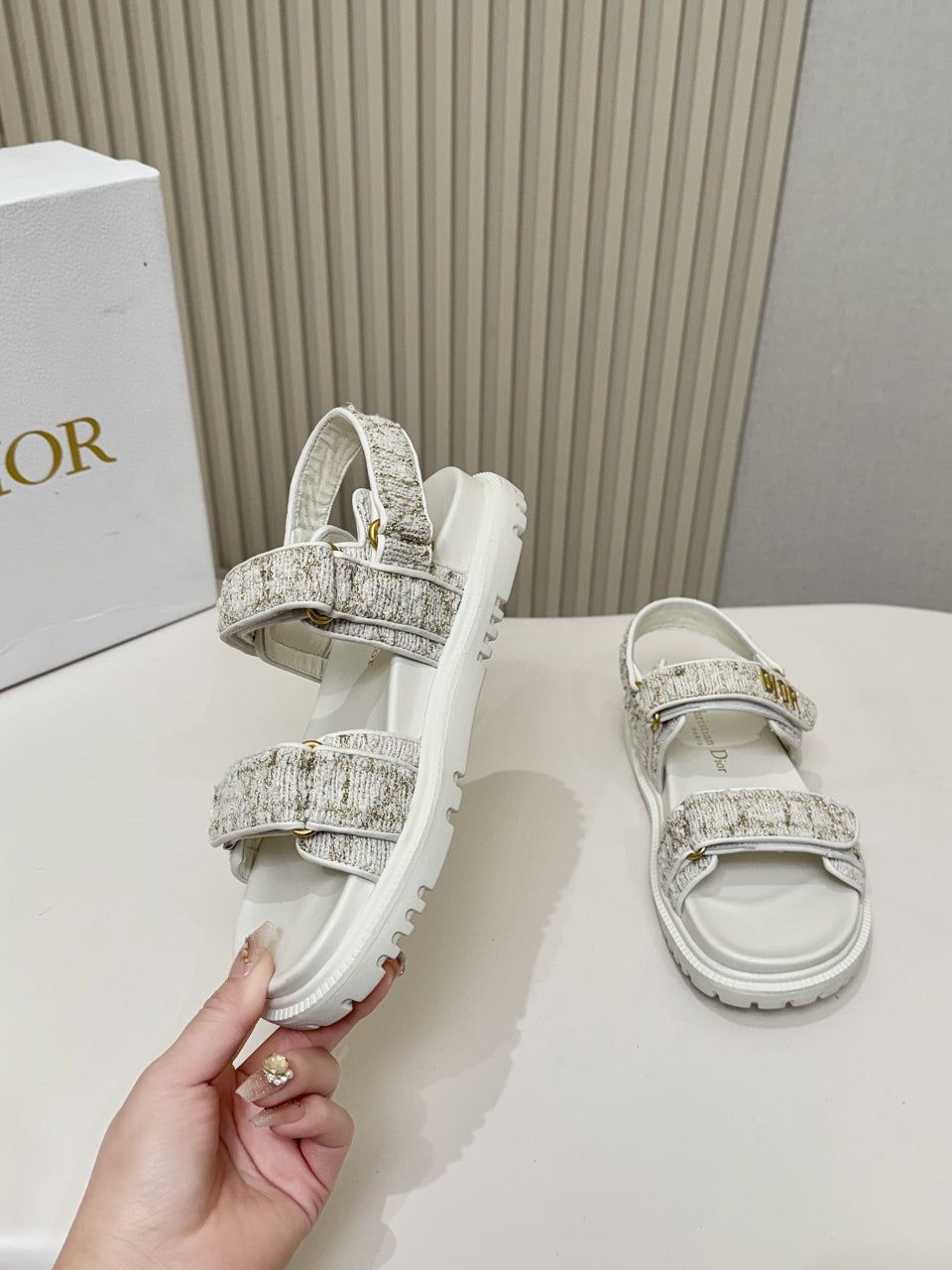 DIOR BACK-STRAP SANDALS 25S IN WHITE TWEED AND CALFSKIN