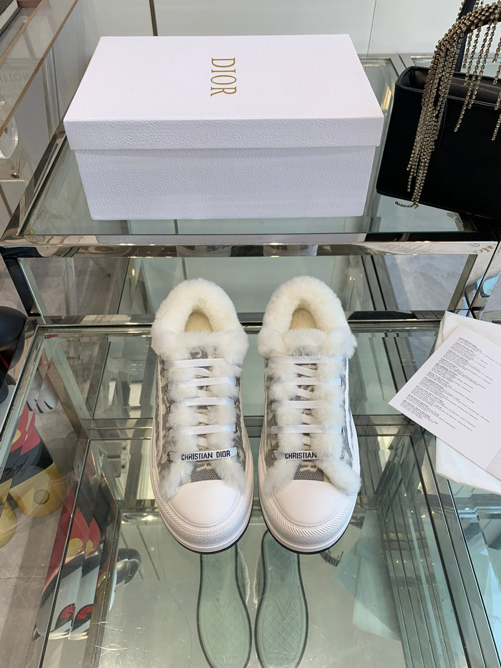 DIOR ALK'N PLATFORM SNEAKER PALE GRAY COTTON EMBROIDERED WITH OBLIQUE MOTIF AND WHITE SHEARLING