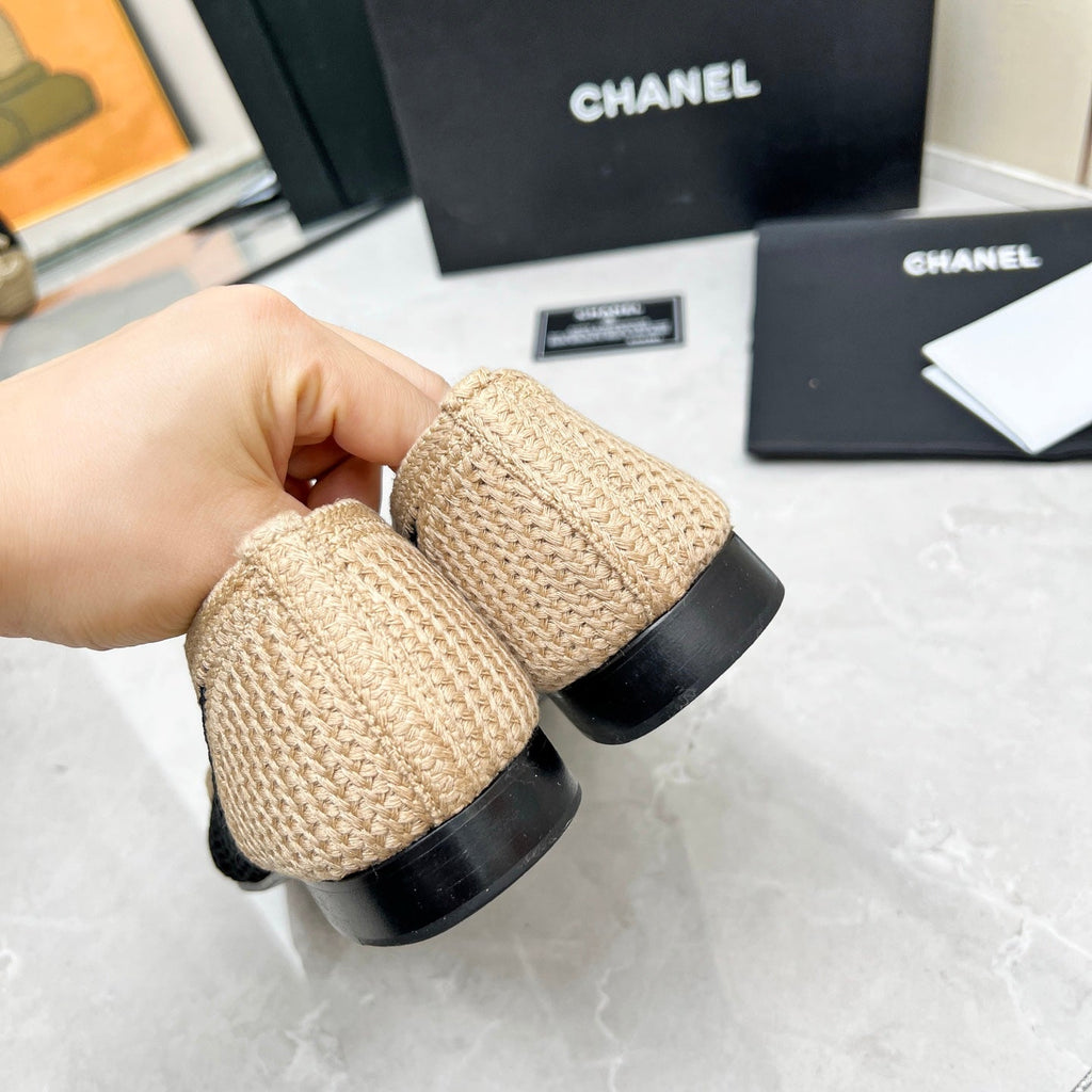 CHANEL BALLET FLAT 10 MM IN BLACK MIX BEIGE RAFFIA