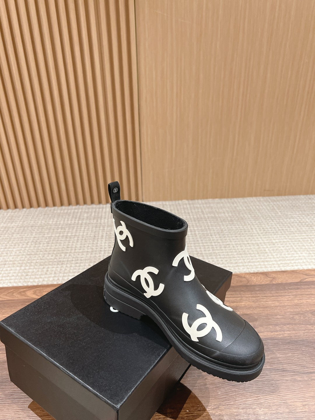 CHANEL RAIN BOOTS BLACK TPU WITH WHITE LOGO