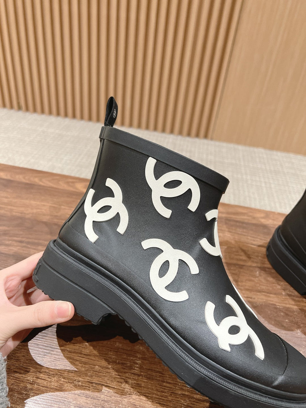 CHANEL RAIN BOOTS BLACK TPU WITH WHITE LOGO