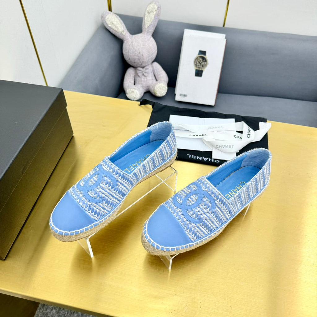 CHANEL ESPADRILLES PLATFORM 25S IN SKY BLUE TWEED MIX CALFSKIN