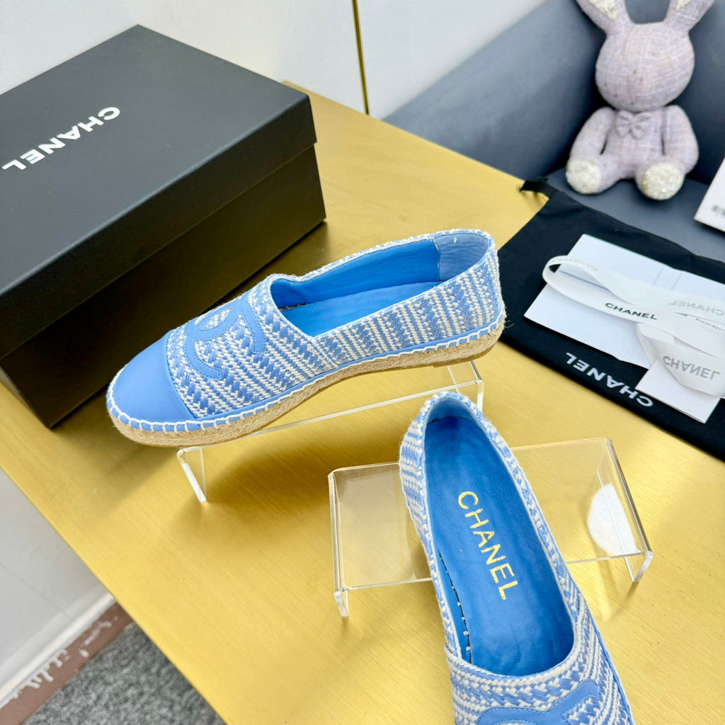 CHANEL ESPADRILLES PLATFORM 25S IN SKY BLUE TWEED MIX CALFSKIN