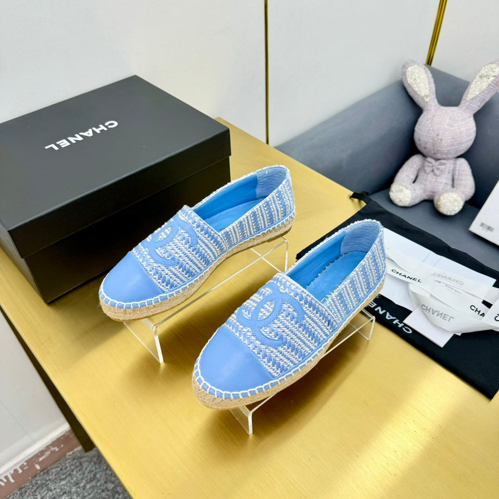 CHANEL ESPADRILLES PLATFORM 25S IN SKY BLUE TWEED MIX CALFSKIN