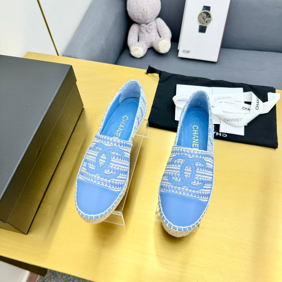 CHANEL ESPADRILLES PLATFORM 25S IN SKY BLUE TWEED MIX CALFSKIN