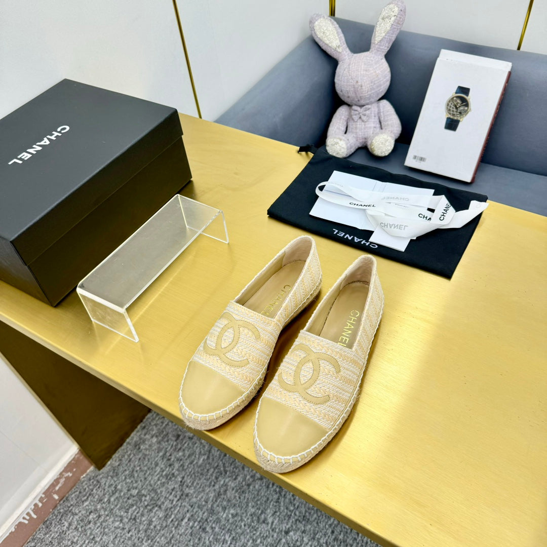 CHANEL ESPADRILLES PLATFORM 25S IN BEIGE YELLOW TWEED MIX CALFSKIN