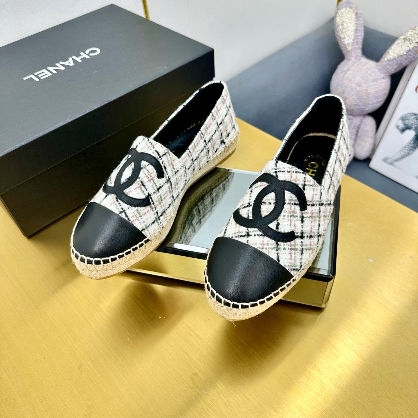 CHANEL ESPADRILLES PLATFORM 25S MIX COLOR TWEED AND BLACK LAMBSKIN