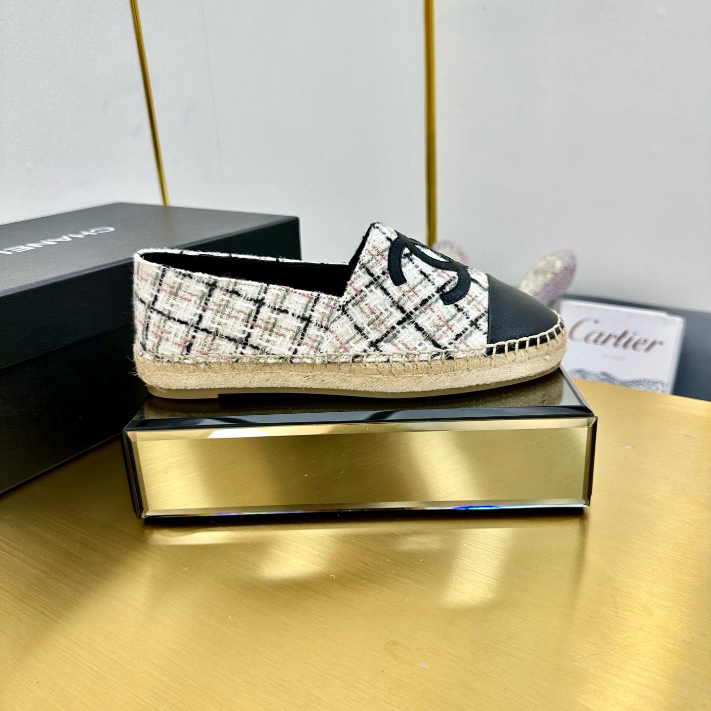 CHANEL ESPADRILLES PLATFORM 25S MIX COLOR TWEED AND BLACK LAMBSKIN