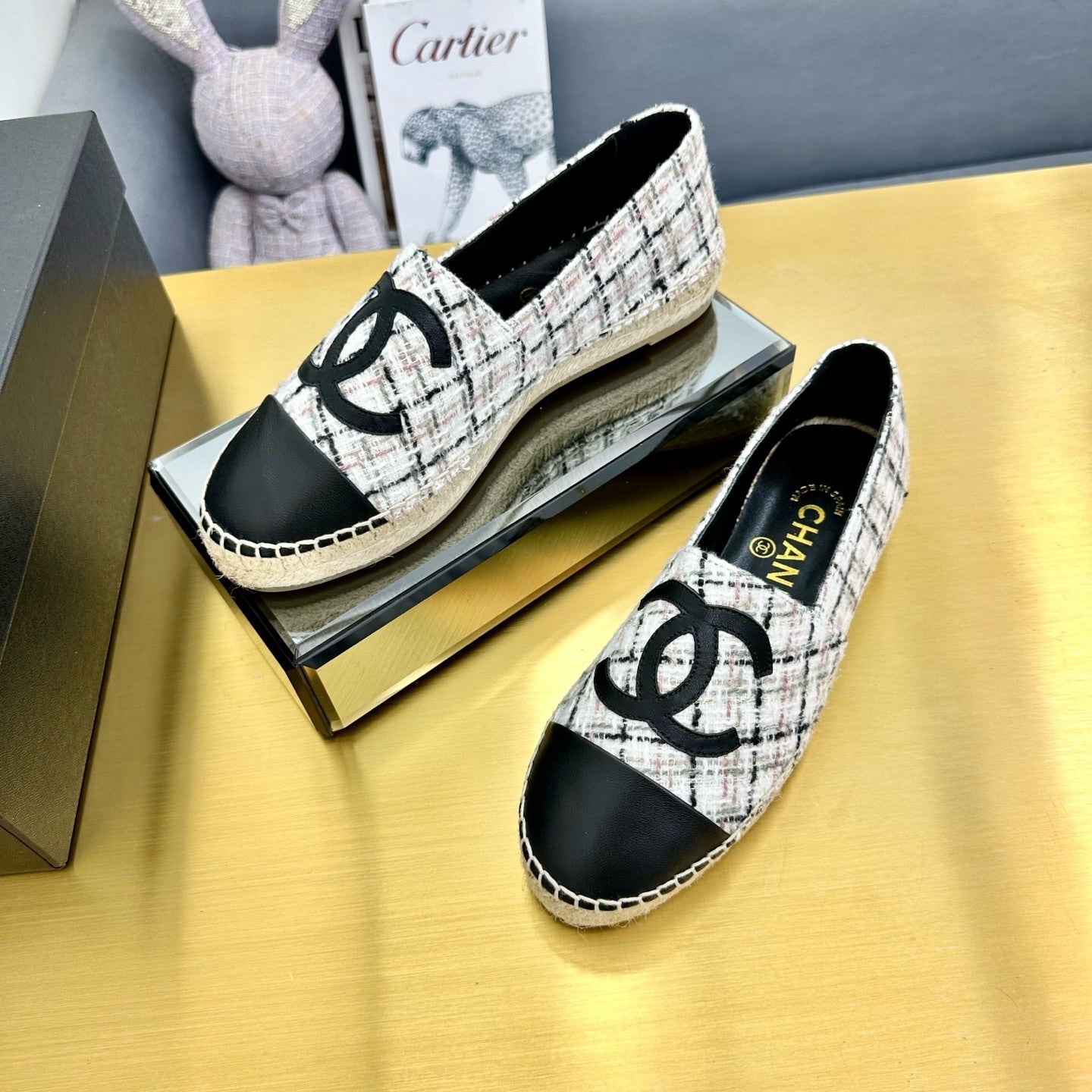 CHANEL ESPADRILLES PLATFORM 25S MIX COLOR TWEED AND BLACK LAMBSKIN
