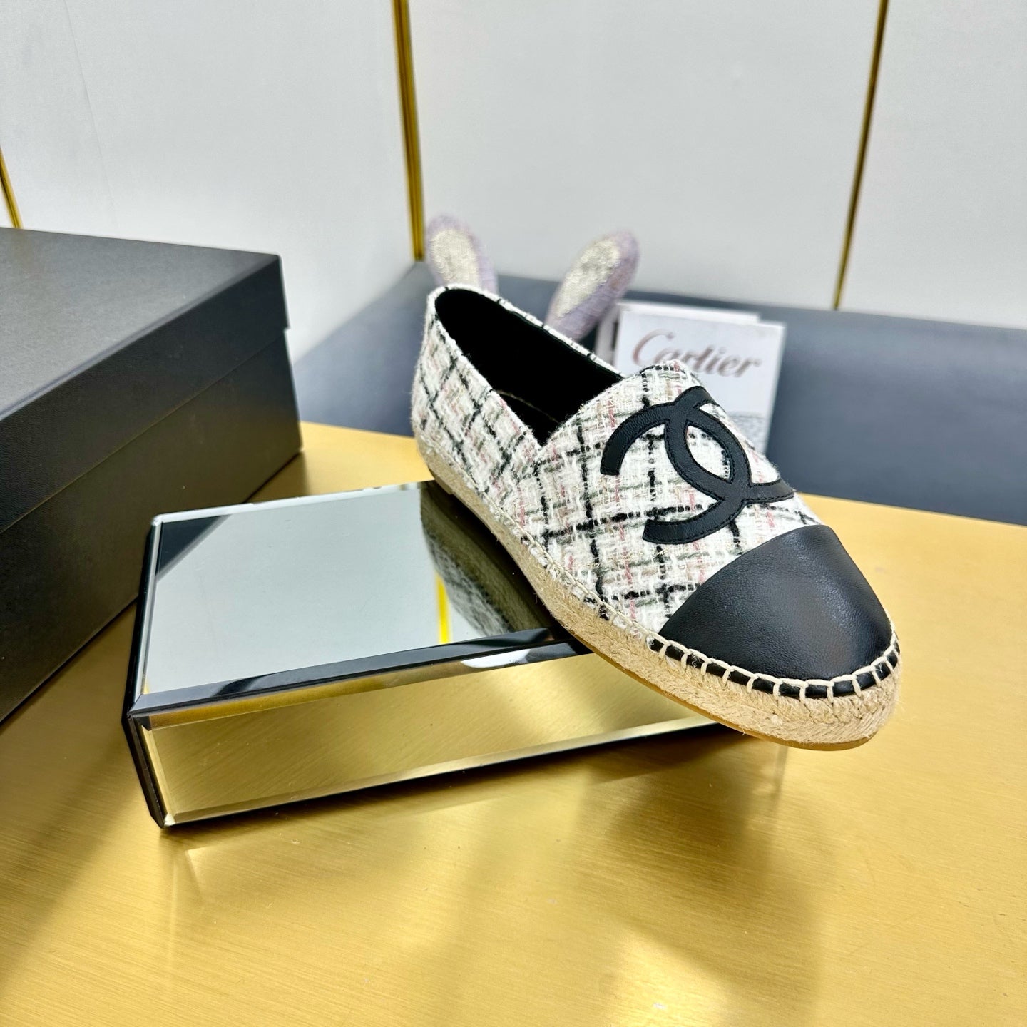 CHANEL ESPADRILLES PLATFORM 25S MIX COLOR TWEED AND BLACK LAMBSKIN
