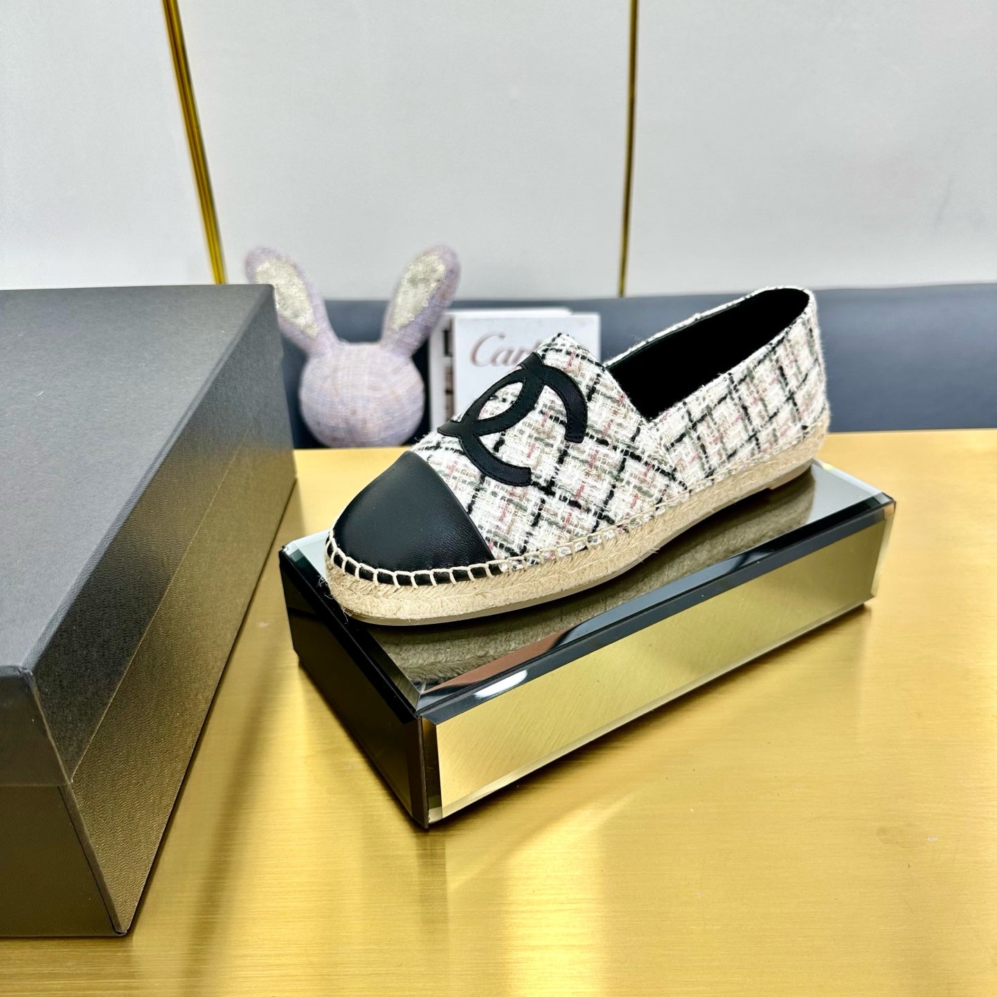 CHANEL ESPADRILLES PLATFORM 25S MIX COLOR TWEED AND BLACK LAMBSKIN