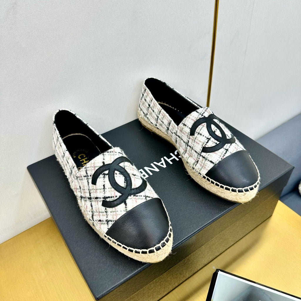 CHANEL ESPADRILLES PLATFORM 25S MIX COLOR TWEED AND BLACK LAMBSKIN