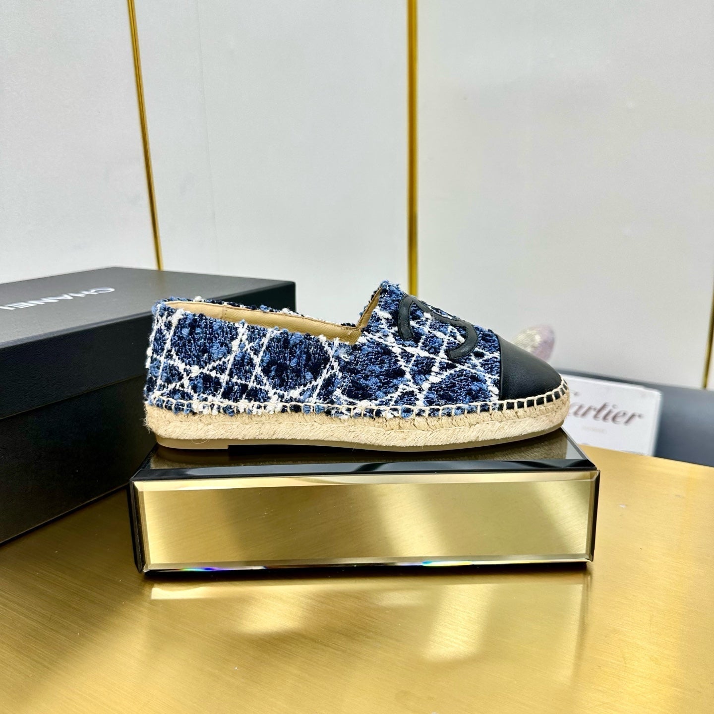 CHANEL ESPADRILLES PLATFORM 25S IN BLUE TWEED MIX BLACK CALFSKIN