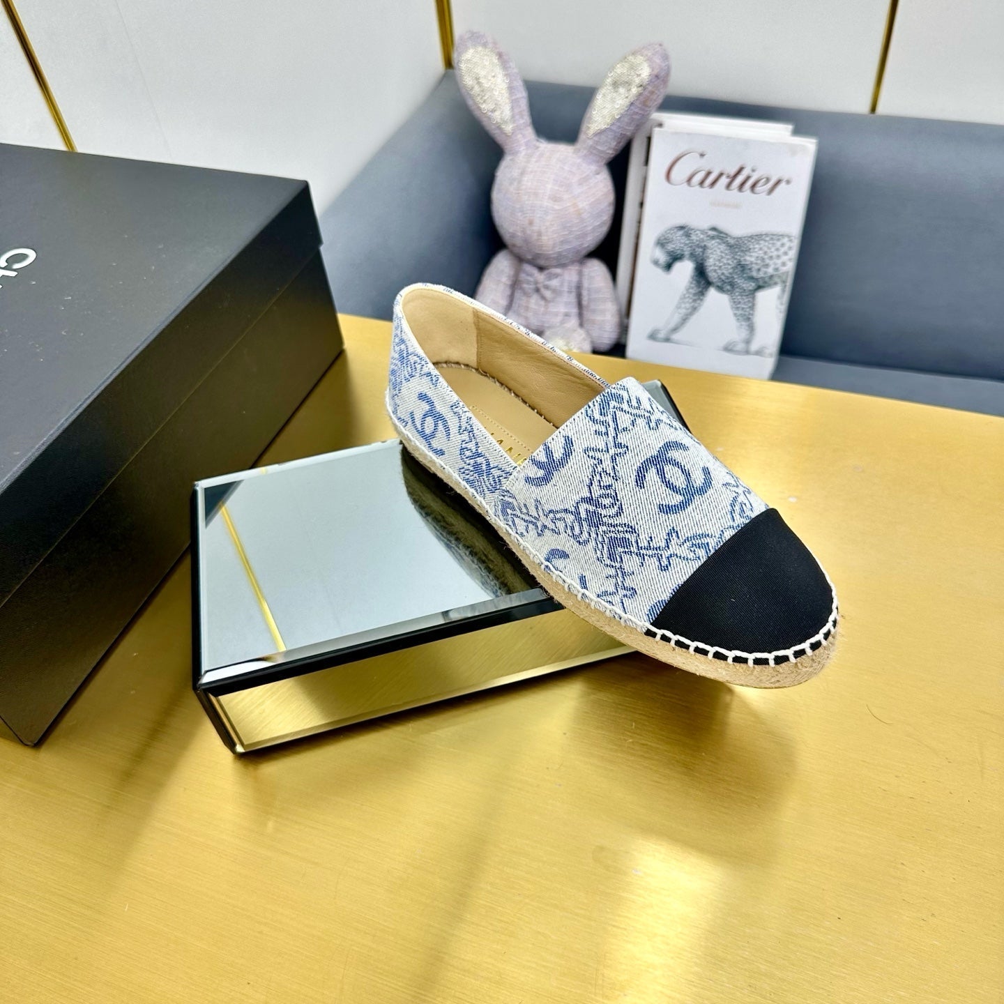 CHANEL ESPADRILLES PLATFORM IN BLUE MIX BLACK FABRIC