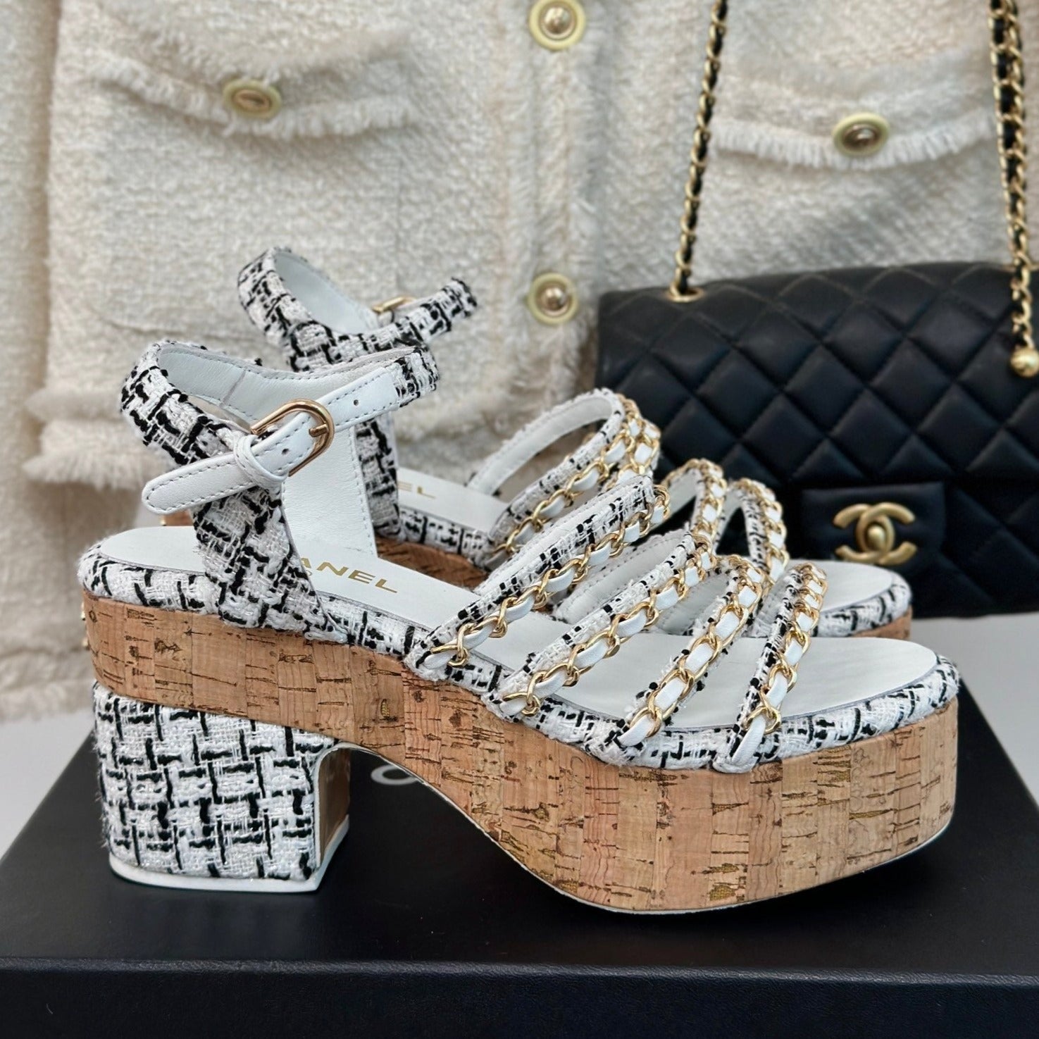 CHANEL Double C Wooden Chain Platform Block Heel Sandals Black Caro/ White