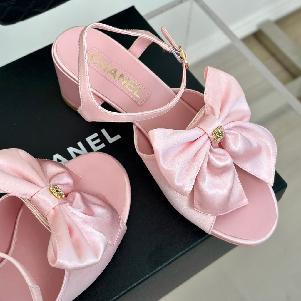 CHANEL Double  Big Bow High Sandal Sheepskin Light Pink