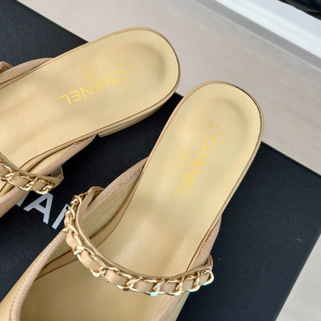 CHANEL Double C Two-Tone Chain Mules Dark Cream Lambskin