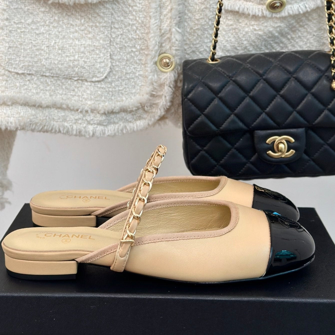 CHANEL Double C Two-Tone Chain Mules Dark Cream Lambskin
