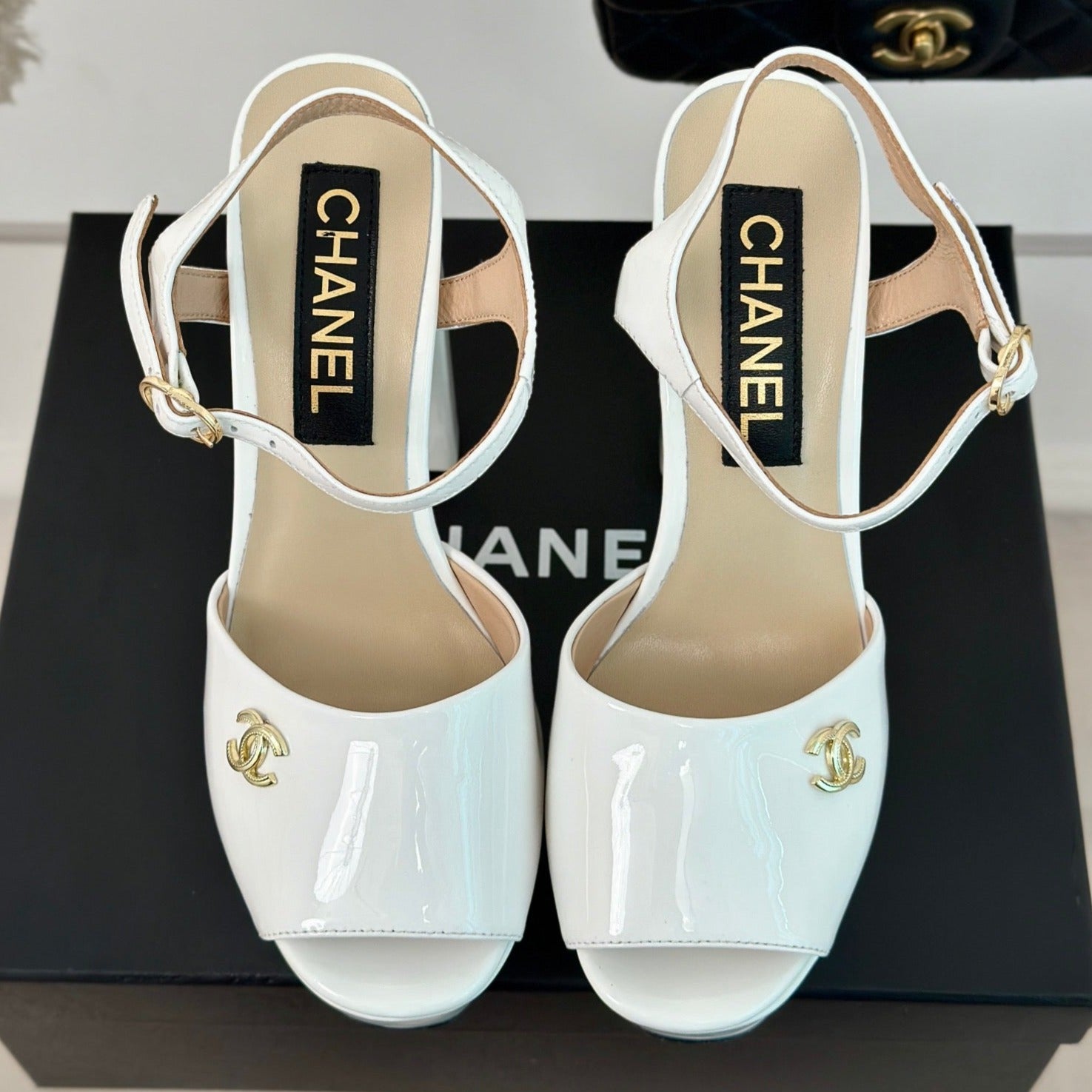 CHANEL Double C High Heel Sandals White Leather