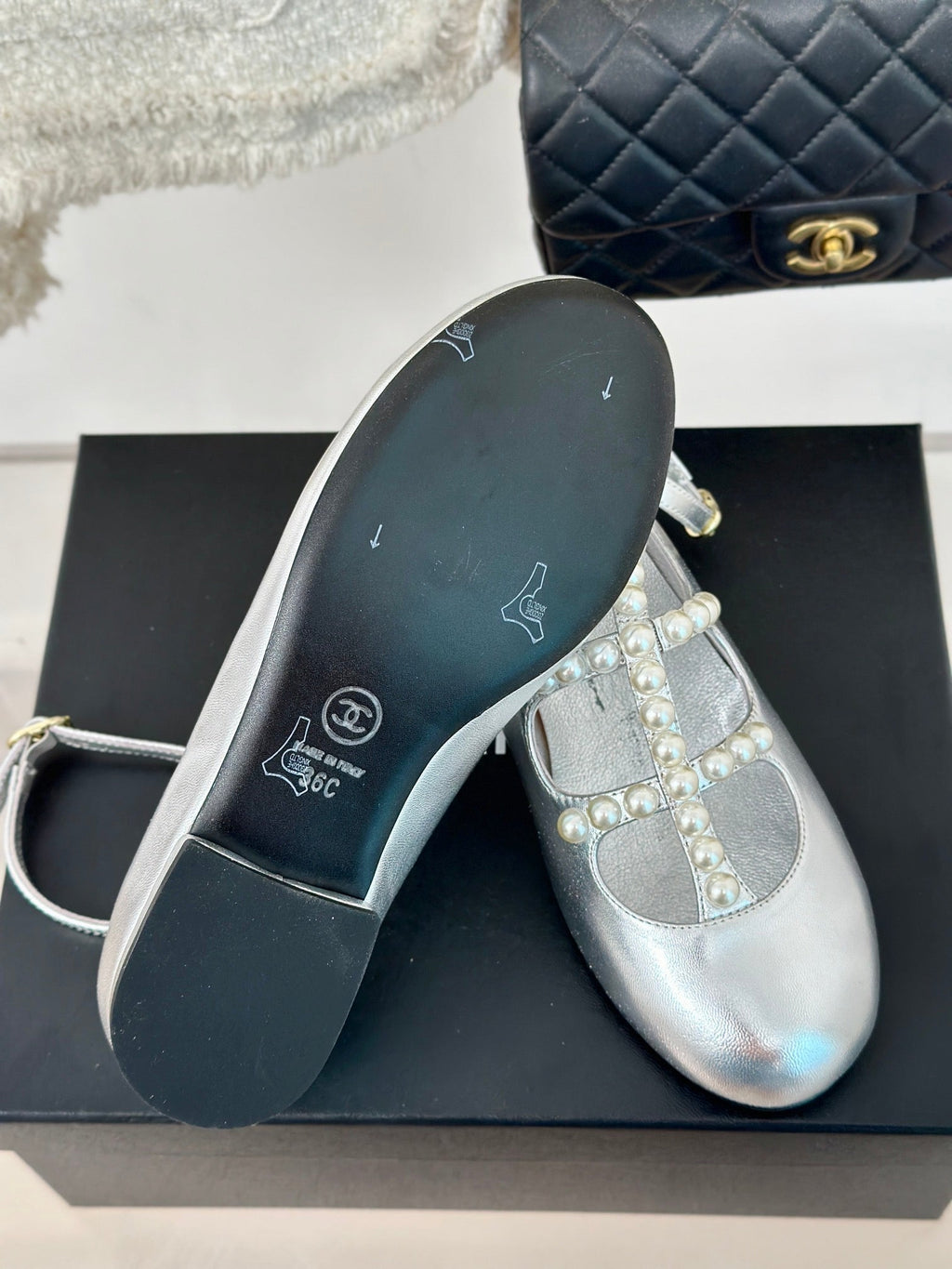 CHANEL MARY JANES SHOES SILVER GOATSKIN WITH FAUX PEARL