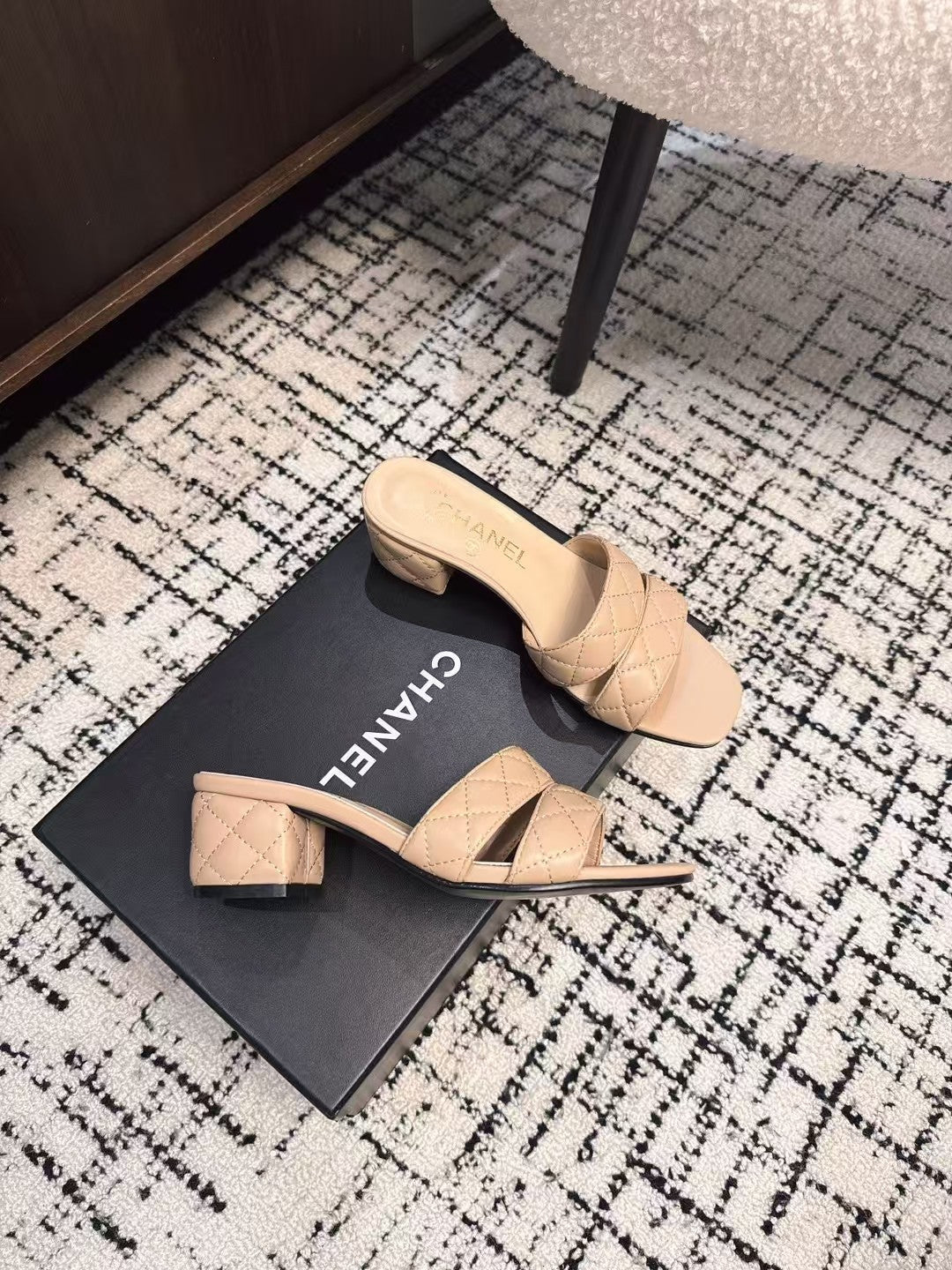 CHANEL MID HEEL MULES IN MACAROON BEIGE SHEEPSKIN