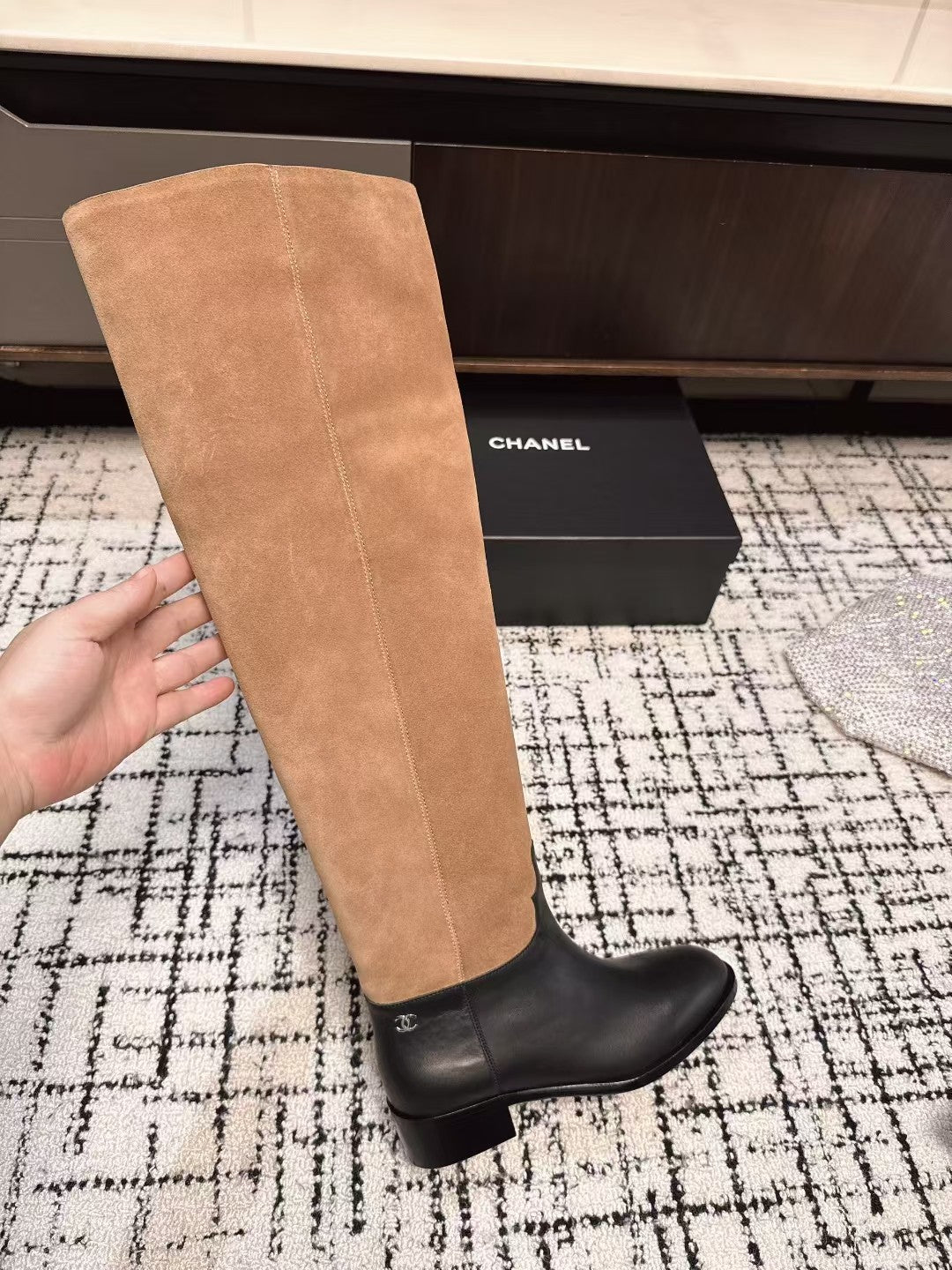 CHANEL HIGH BOOTS IN TAN BROWN SUEDE MIX BLACK CALFSKIN