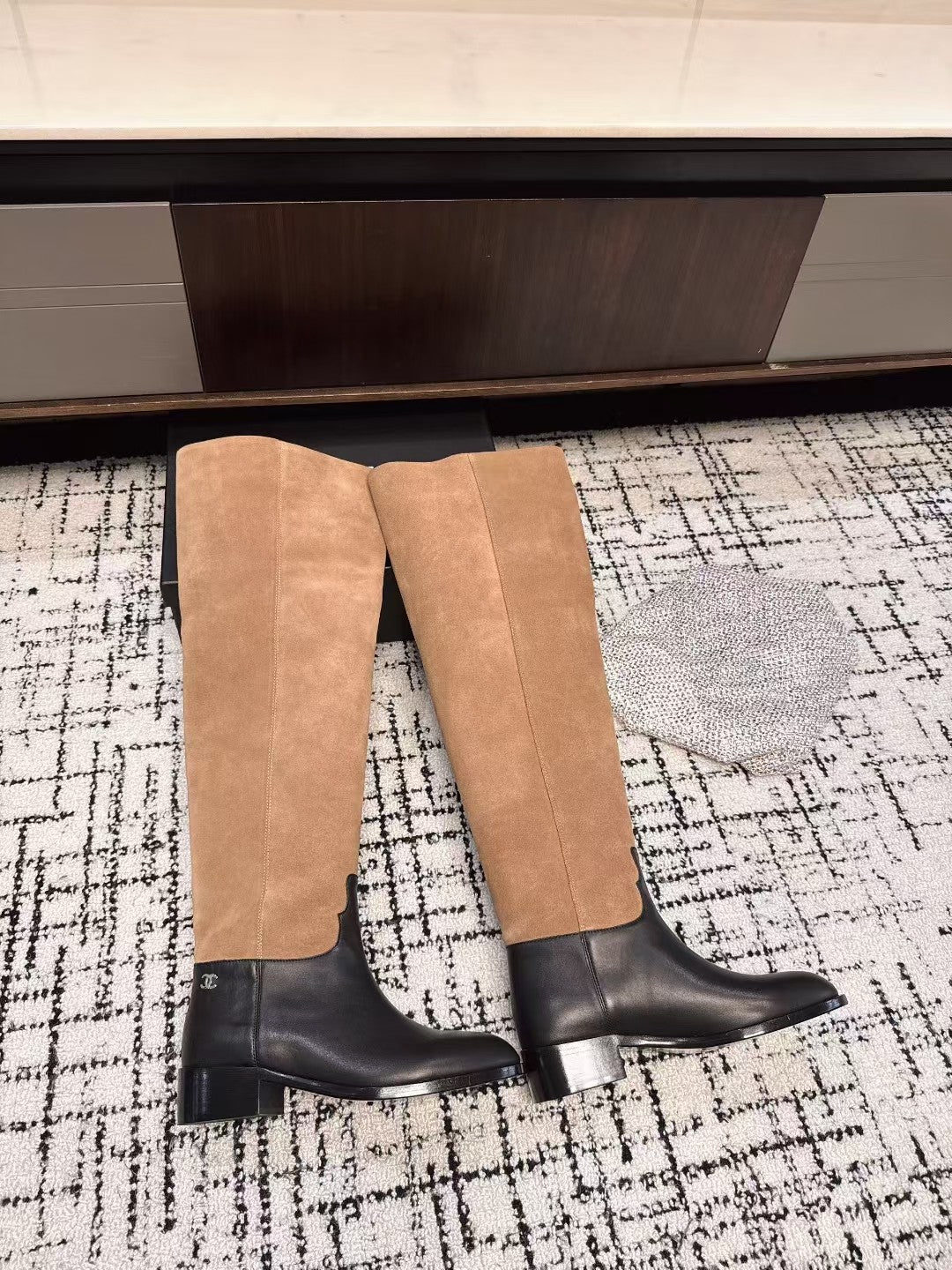 CHANEL HIGH BOOTS IN TAN BROWN SUEDE MIX BLACK CALFSKIN