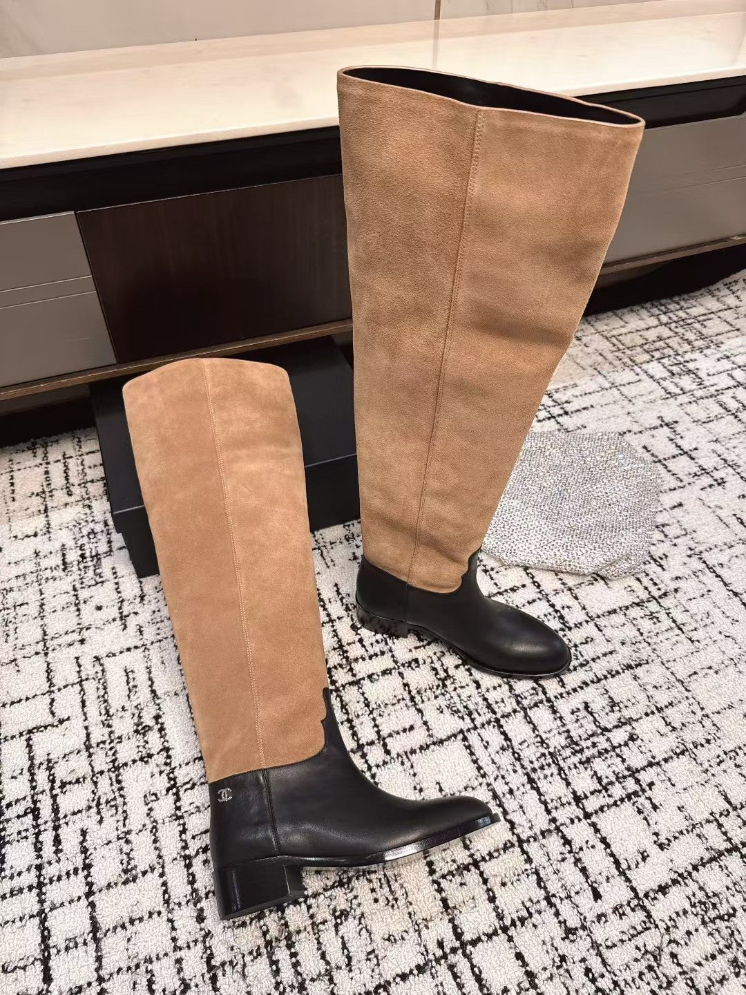 CHANEL HIGH BOOTS IN TAN BROWN SUEDE MIX BLACK CALFSKIN