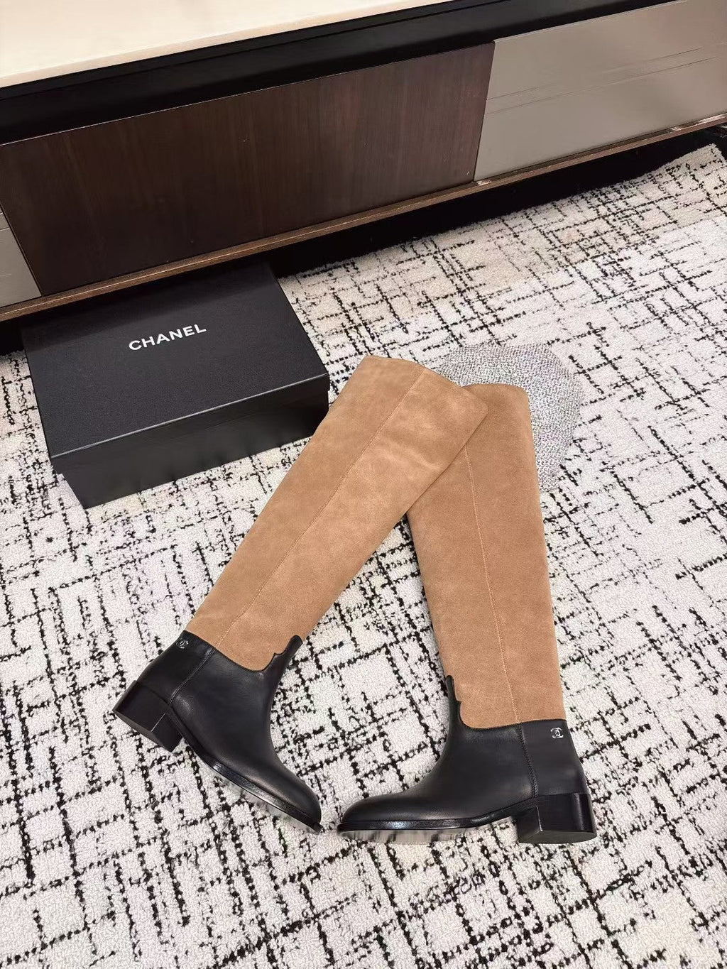 CHANEL HIGH BOOTS IN TAN BROWN SUEDE MIX BLACK CALFSKIN