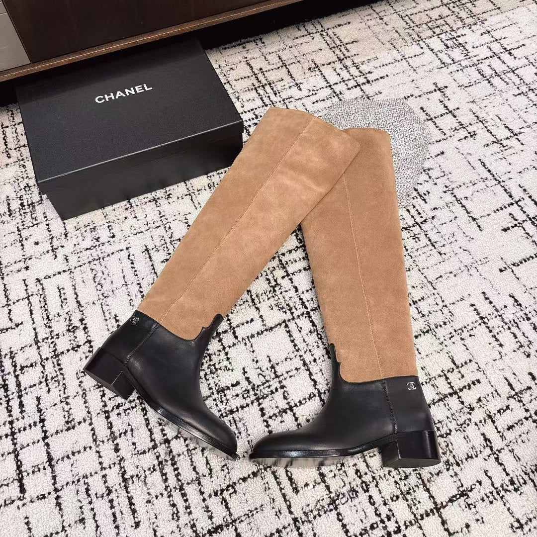 CHANEL HIGH BOOTS IN TAN BROWN SUEDE MIX BLACK CALFSKIN
