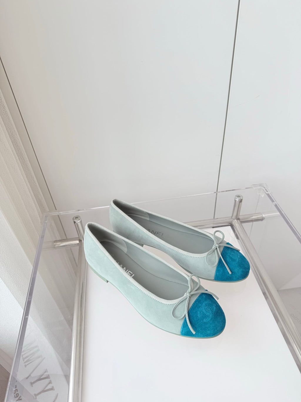 CHANEL BALLET FLAT IN CERULEAN BLUE MIX PEARL GRAY SUEDE