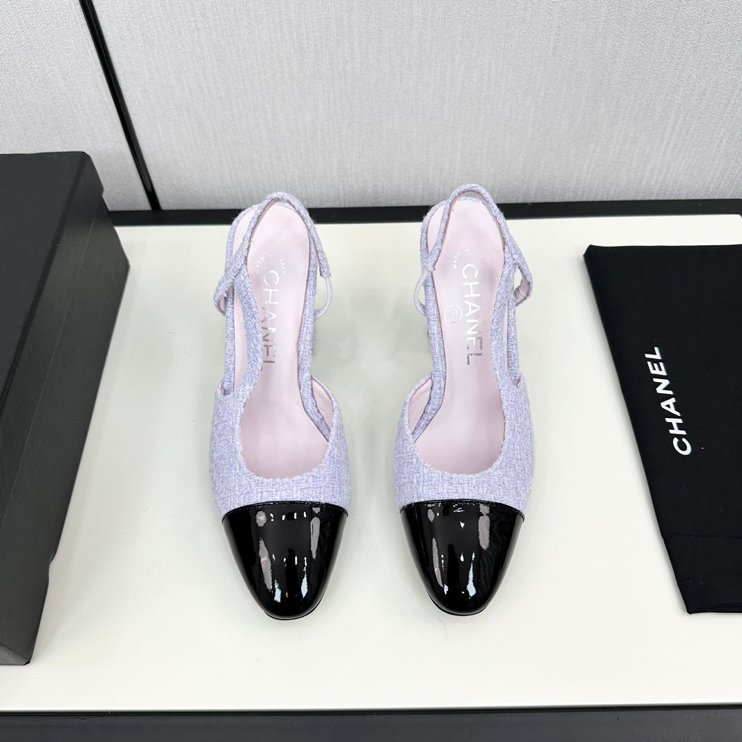 CHANEL HIGH SLINGBACK LIGHT BLUE TWEED AND BLACK CALFSKIN