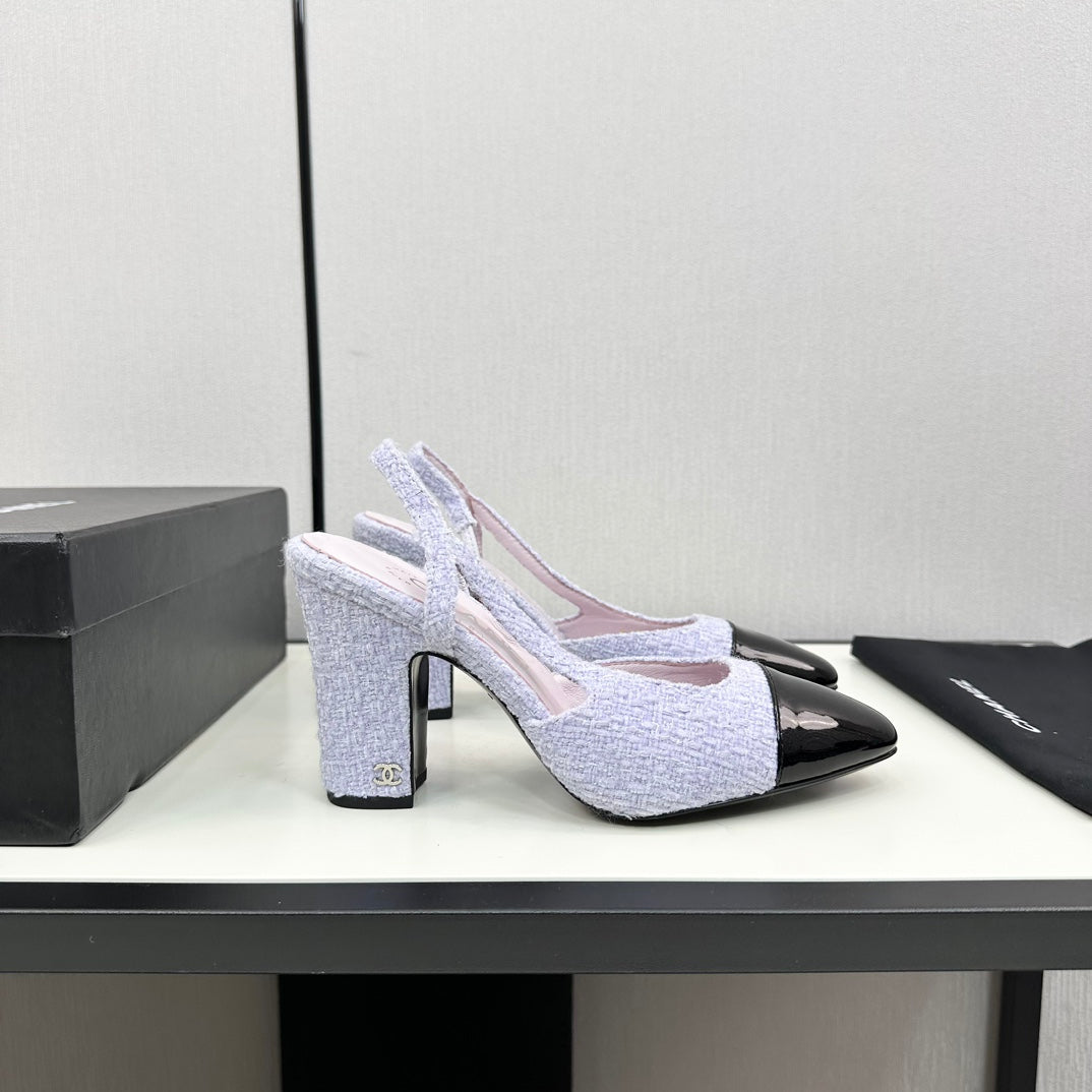 CHANEL HIGH SLINGBACK LIGHT BLUE TWEED AND BLACK CALFSKIN