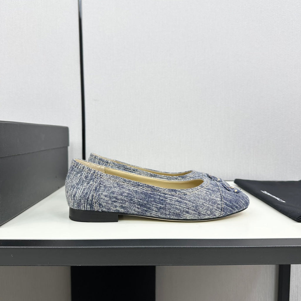 CHANEL ballet flat blue with white stripe denim 166816