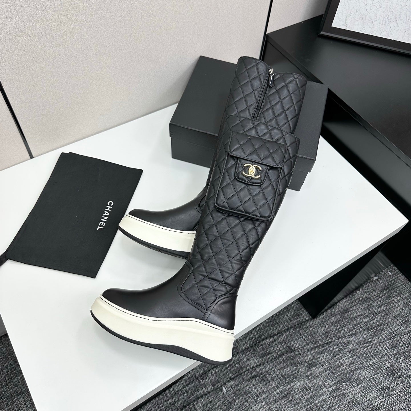 CHANEL 25S WEDGE KNEE-HIGH BOOTS IN BLACK CALFSKIN SILVER HARDWARE