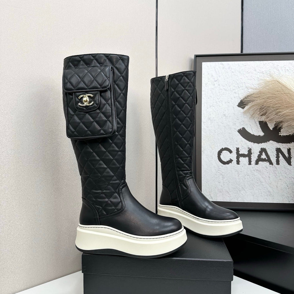 CHANEL 25S WEDGE KNEE-HIGH BOOTS IN BLACK CALFSKIN SILVER HARDWARE